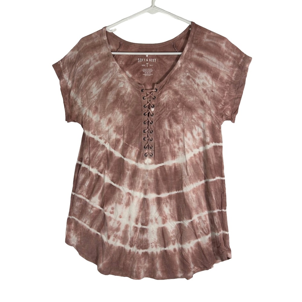American Eagle Soft & Sexy Tie Dye Lace Up‎ V-Neck T-Shirt Mauve Medium